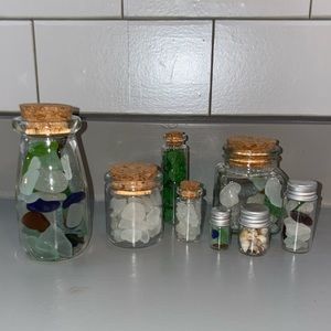 8 Small Glass Jars with Beach/Sea Glass